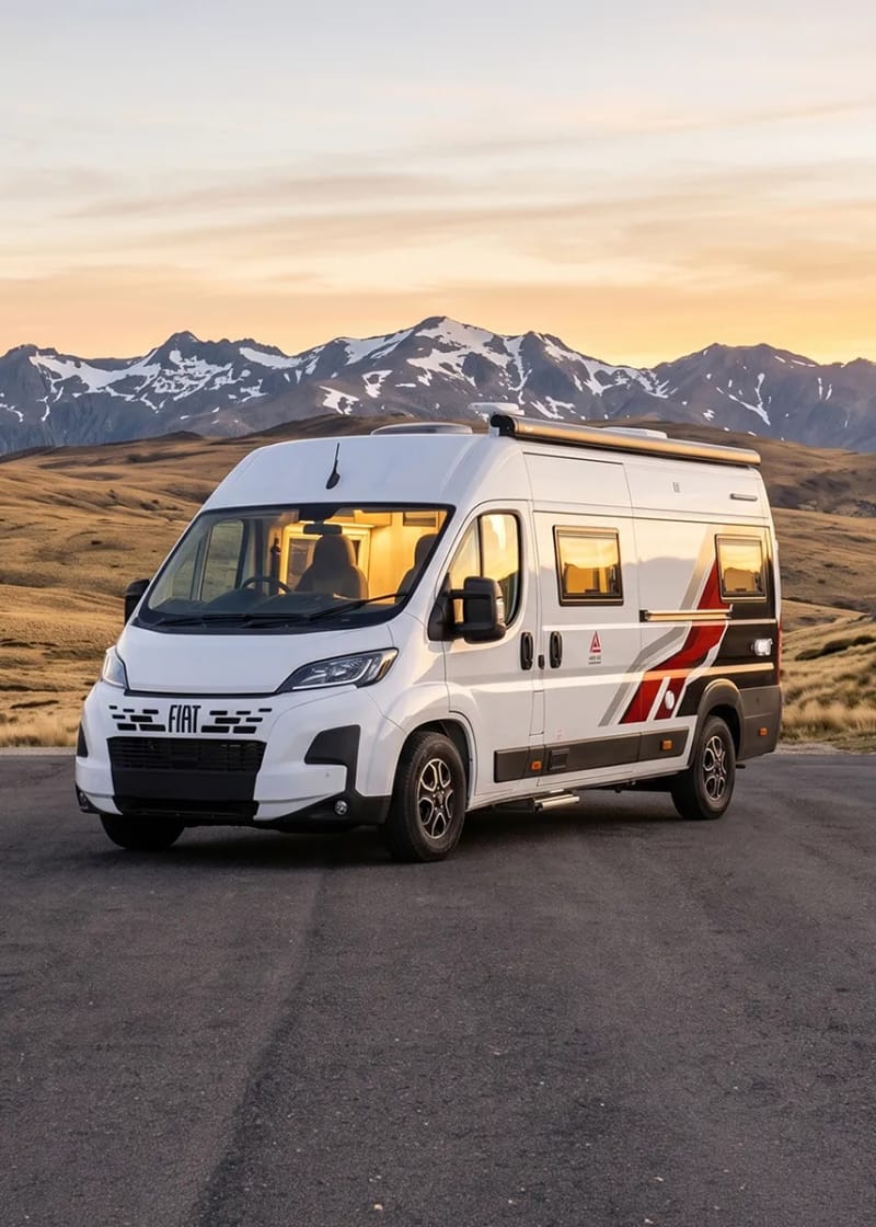 New Age motorhome beside the water at sunrise