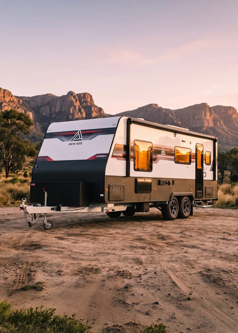 New Age semi off-road caravan on a gravel road in the Grampians